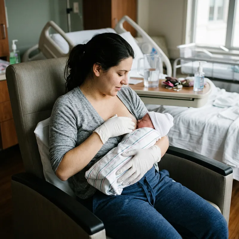 Breastfeeding in White Latex Gloves Breastfeeding in White Latex Gloves