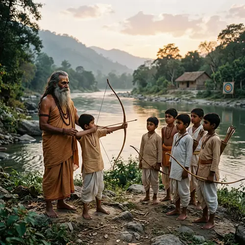 Indian Guru with Young Boys in Traditional Attire by River