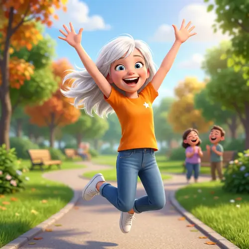 Joyful Girl in Orange T-Shirt with White Hair | 3D Animation Style