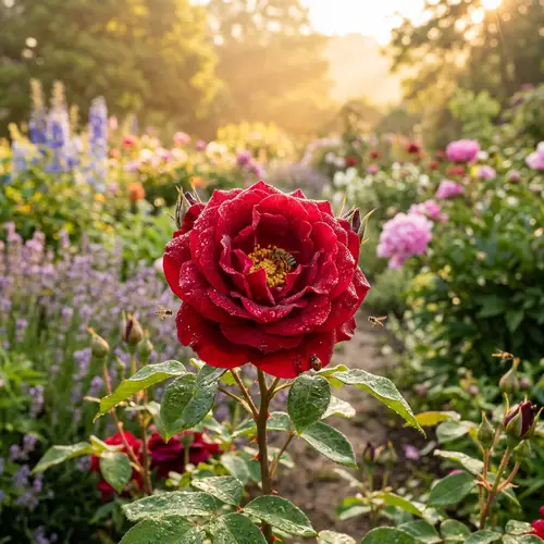 Vibrant Red Rose in Morning Garden - Beautiful Nature Scene