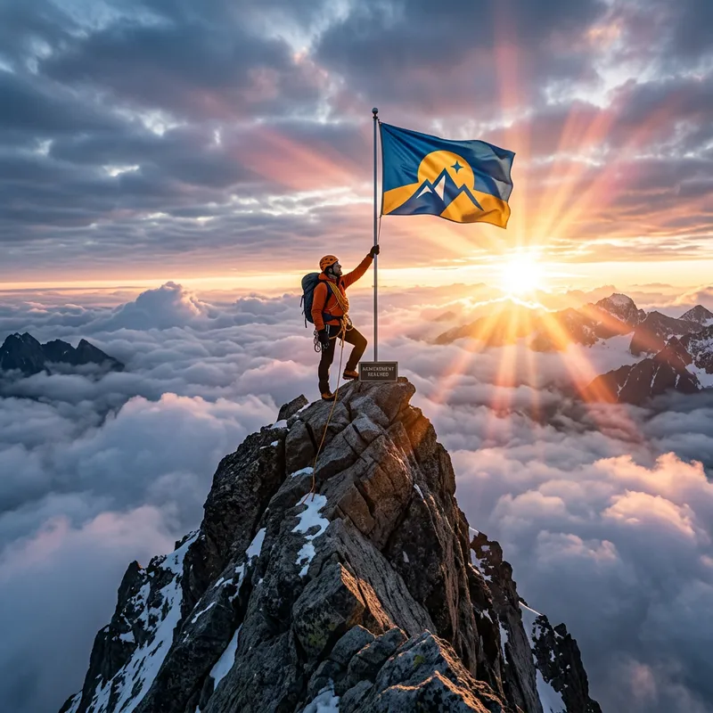 Abstract Achievement | Mountain Peak, Flag, Sun Rays