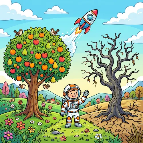 Cartoon-Style Image with Two Trees and a Spaceman