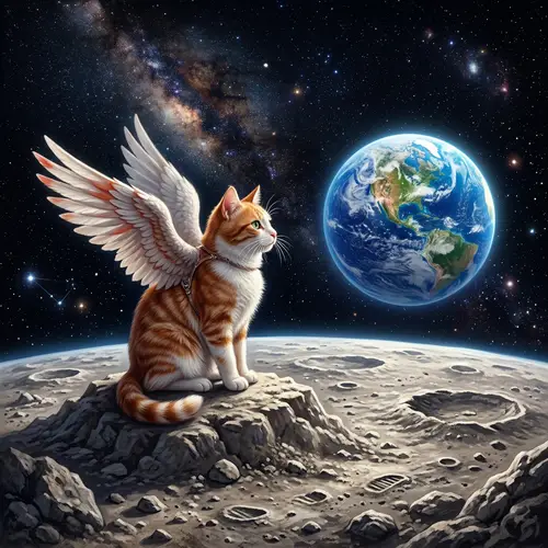 Red & White Cat Sitting on Moon with Two Wings