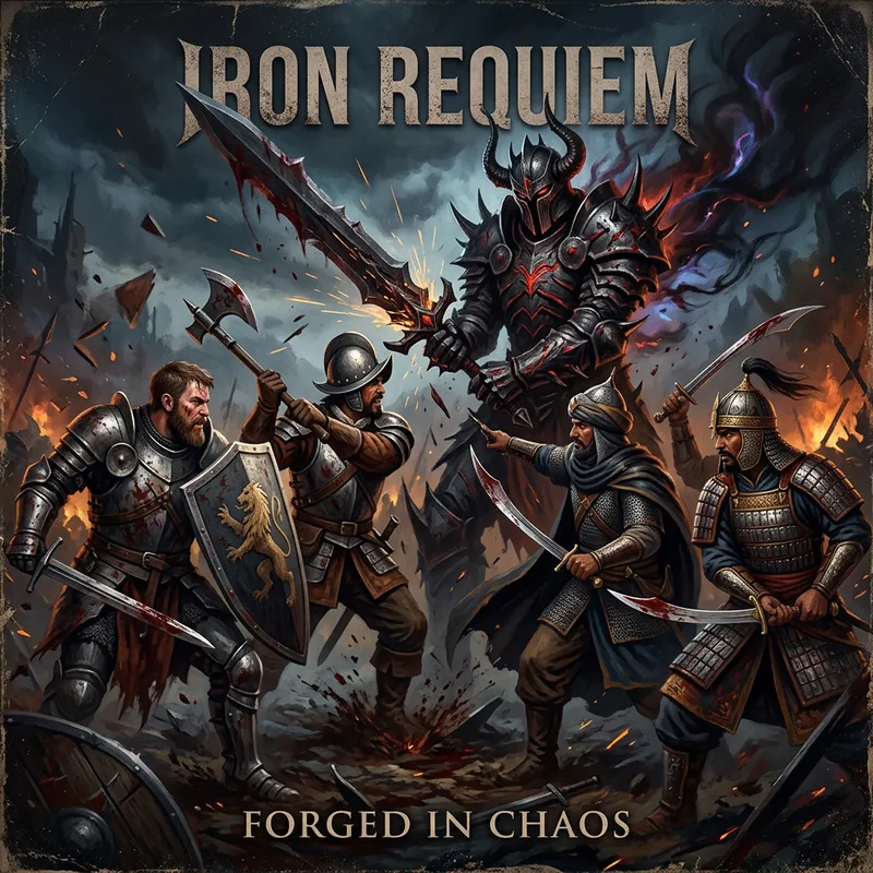 Dark Fantasy Album Cover: Epic Battle of Four Heroes