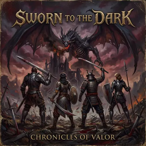 Epic Medieval Fantasy Album Cover with Warriors Battling Giant Villain