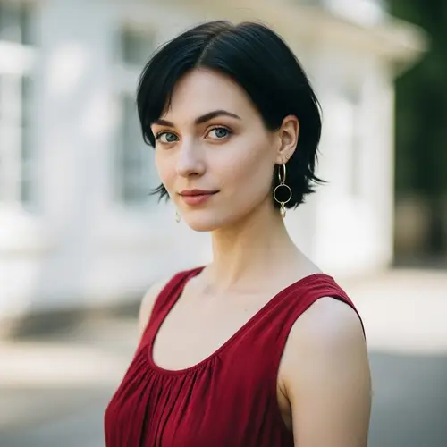 Portrait of a Woman with Blue Eyes and Black Hair