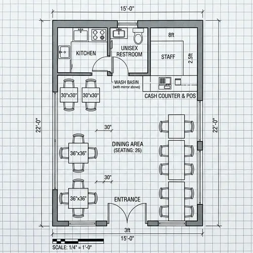 15x22 ft Restaurant Dining Plan - Tables & Cash Counter