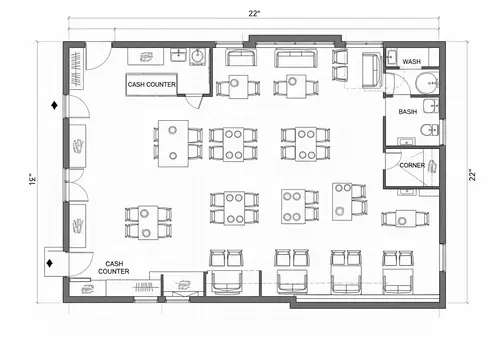 15x22 ft Restaurant Dining Plan - Tables & Cash Counter