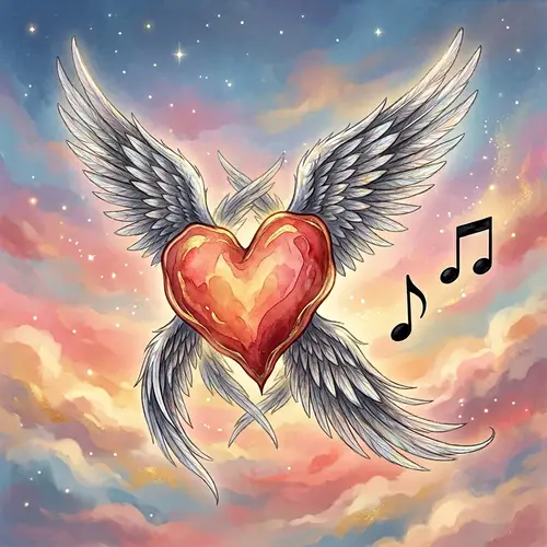 Asymmetric Heart with Crossing Wings and Black Music Notes