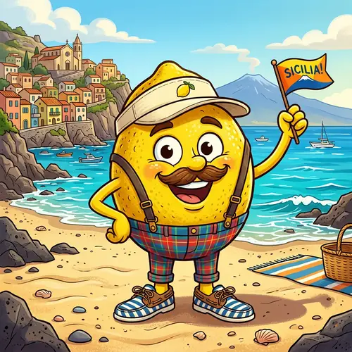 Cartoon Lemon at Sicily Seashore | Joyful Character with Mustache
