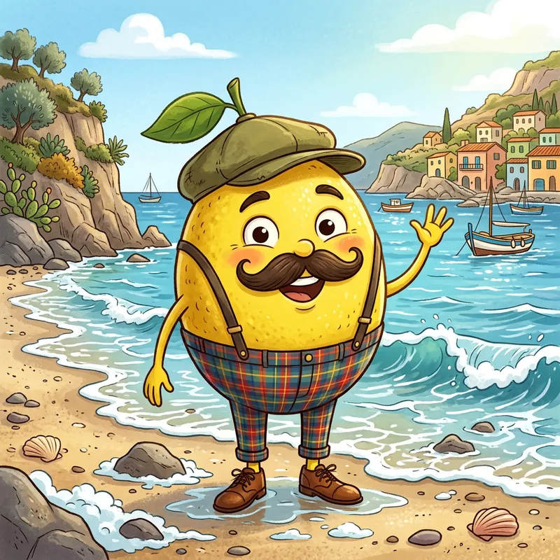 Whimsical Lemon Character with Mustache on Sicily Seashore