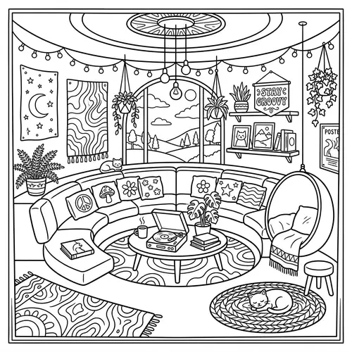 Groovy Circular Living Room Coloring Page
