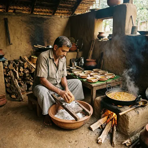 Coconut Jaggery Preparation: Traditional Rustic Kitchen Process