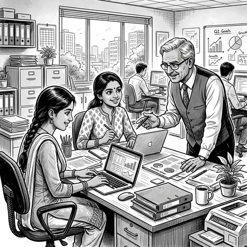 BW Illustration of Office Life with Indian Girls