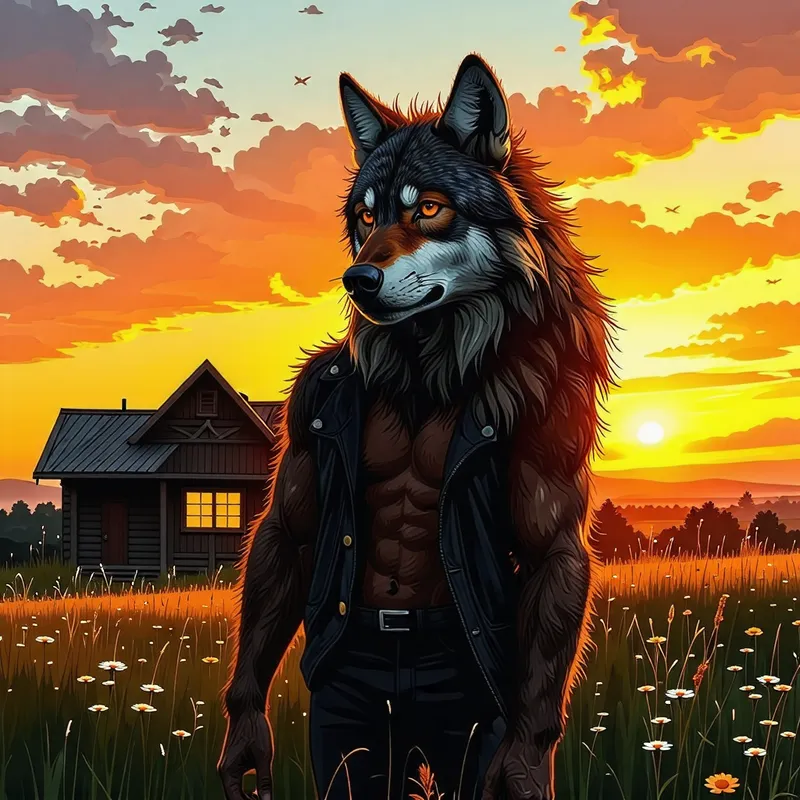 Half Wolf Half Man in Meadow at Sunset | Wooden Cottage View