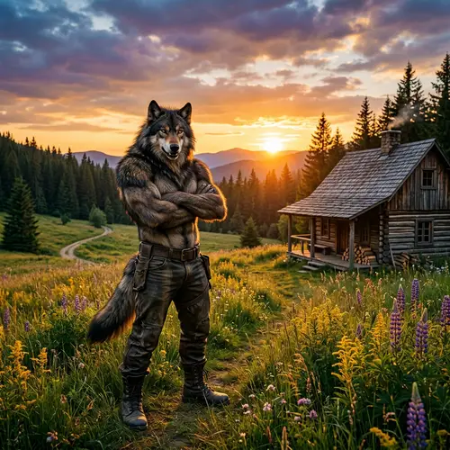 Half Wolf Half Man in Meadow at Sunset | Wooden Cottage View