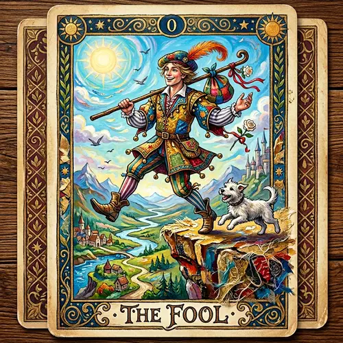 Whimsical 'The Fool' Tarot Card Art with Vibrant Colors