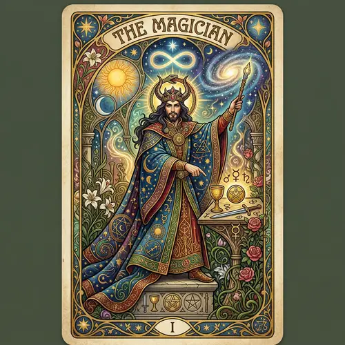 The Magician Tarot Card - Mystical Figure and Celestial Elements