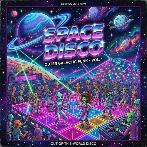 Cosmic Disco Party: Space Disco Album Cover Inspired by Heavy Metal Aesthetic