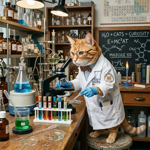 Smart Cat Scientist Among Beakers and Microscope
