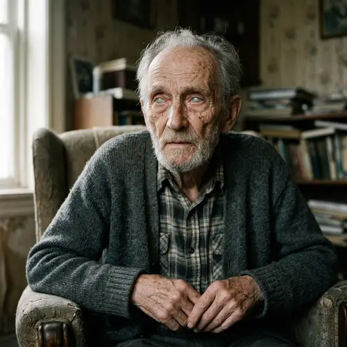 Eerie Realism: Frail Elderly Man with Blind Eyes and Sagging Skin