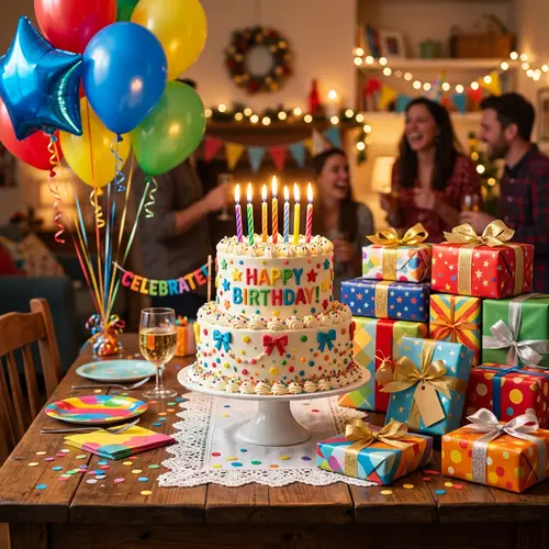 Colorful Birthday Celebration with Cake, Gifts, and Balloons