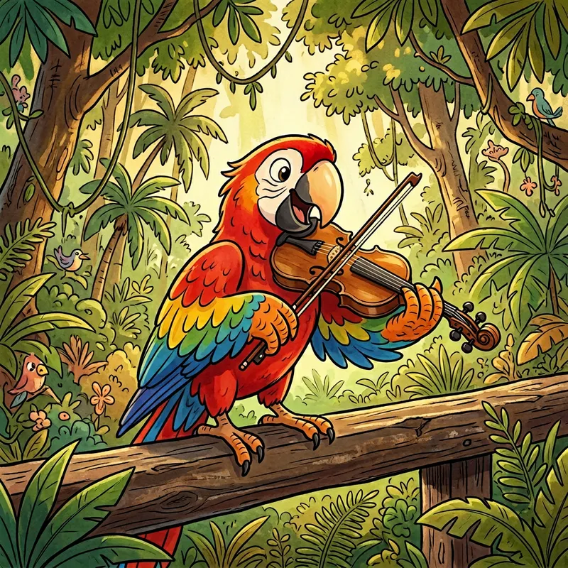Vibrant Guacamaya Parrot Playing Violin in Forest
