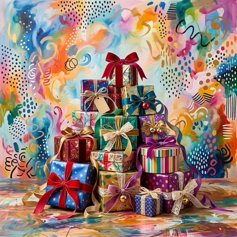 Whimsical Celebration: Colorful Gifts & Abstract Art
