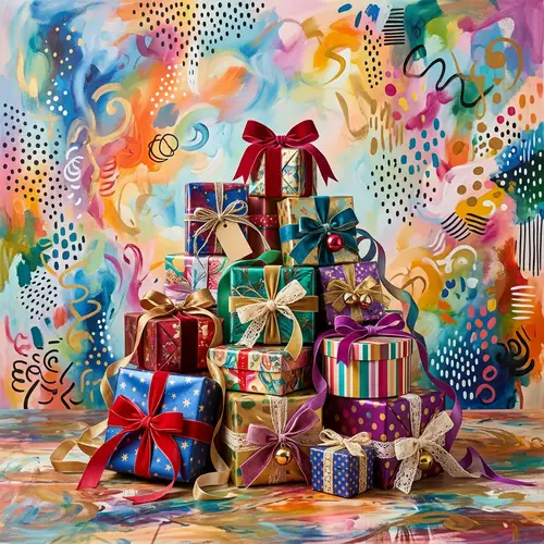 Whimsical Celebration: Vibrant Gifts and Abstract Art