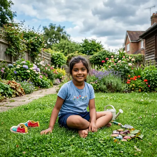 8-Year-Old South Asian Child Playing in Green Backyard