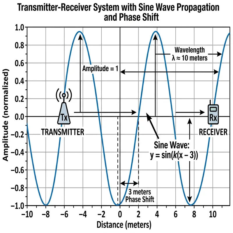 Mathematical Graph: Transmitter, Receiver, Sine Wave