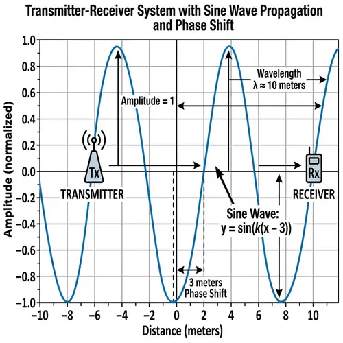 Mathematical Graph: Transmitter, Sine Wave with Phase Shift