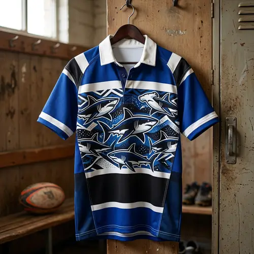 Blue Black Shark Pattern Rugby Jersey