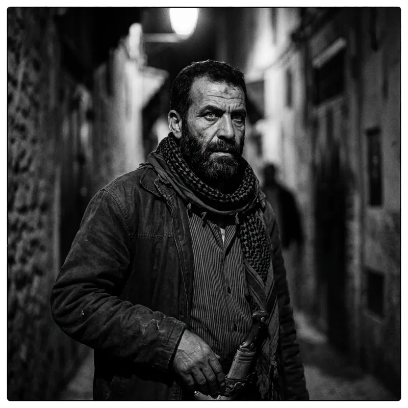 Mysterious Man with Knife in Dramatic Black and White Street Portrait