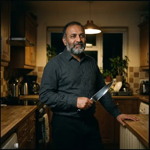Middle-Aged South Asian Man with Kitchen Knife in Dim Room