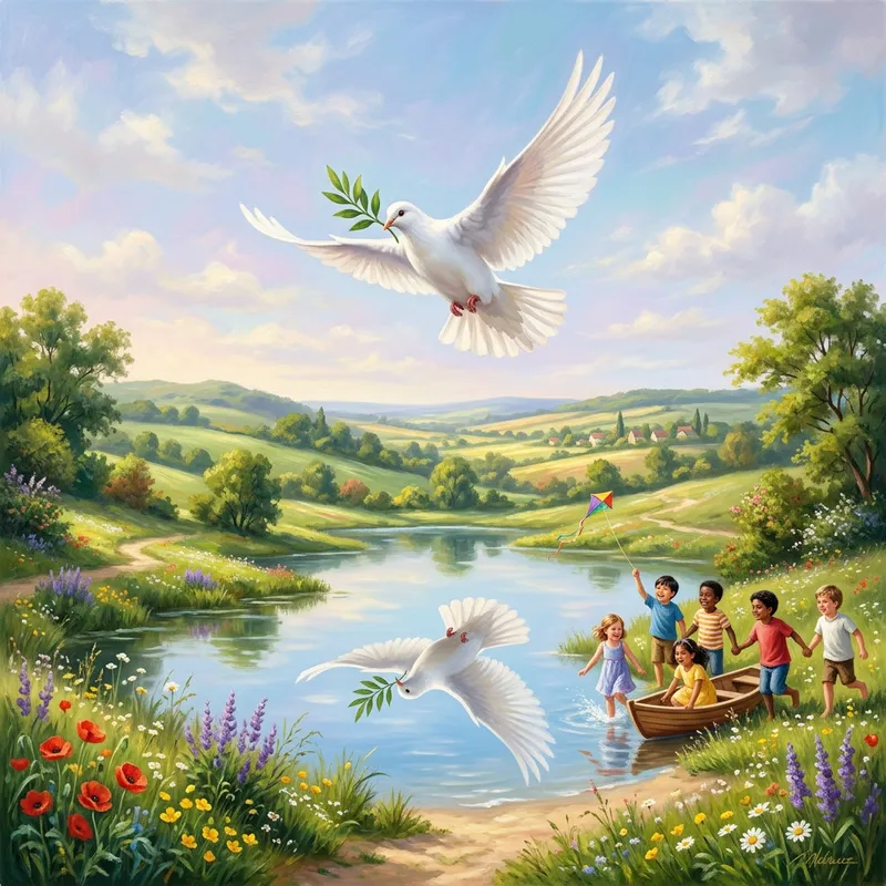 What Does Peace Mean to You? Artwork of White Dove, Serene Landscape & Children