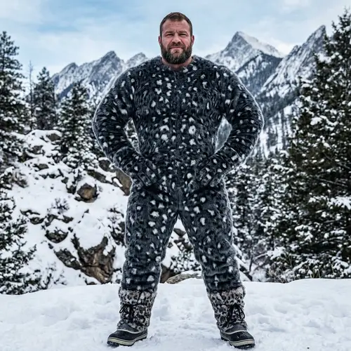 Masculine Man in Charcoal Grey Faux Fur Suit