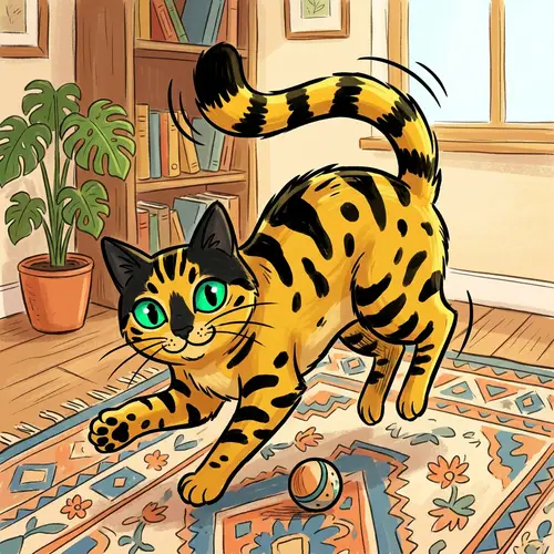 Playful Yellow and Black Cat 2D Drawing