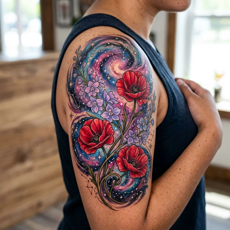 Cosmic Harmony: Poppy and Larkspur Flower Tattoo Design