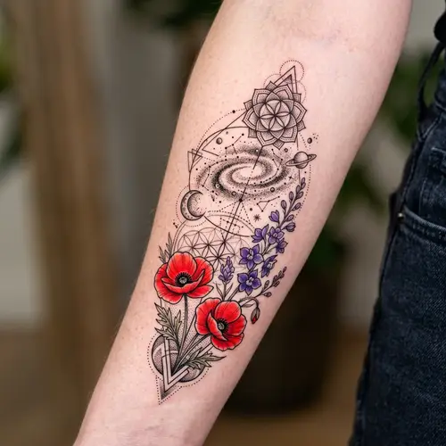 Small Black Geometric Tattoo with Cosmos and Floral Elements