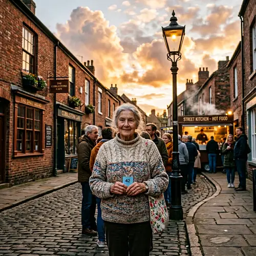 Elderly Lady in Knitted Sweater Standing in Food Line
