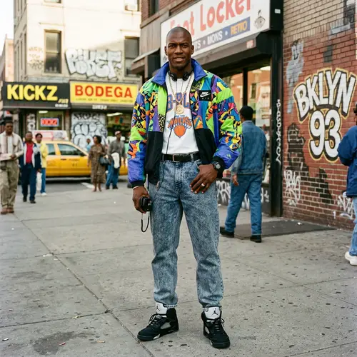 90s Style: Vibrant Fashion Statement by Athletic Black Man