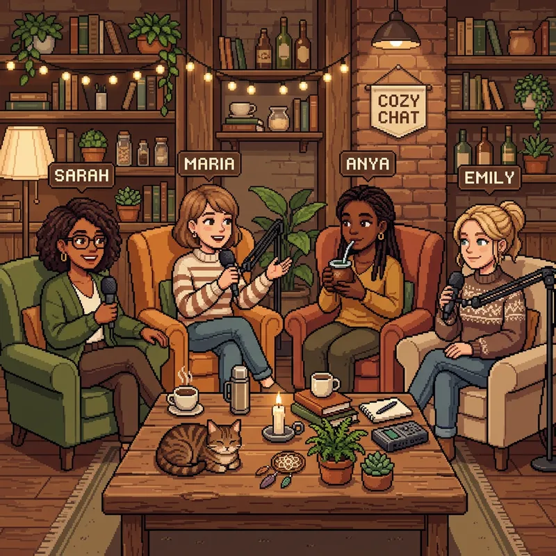 Cozy Pixel Art Café Scene with Women and Cat