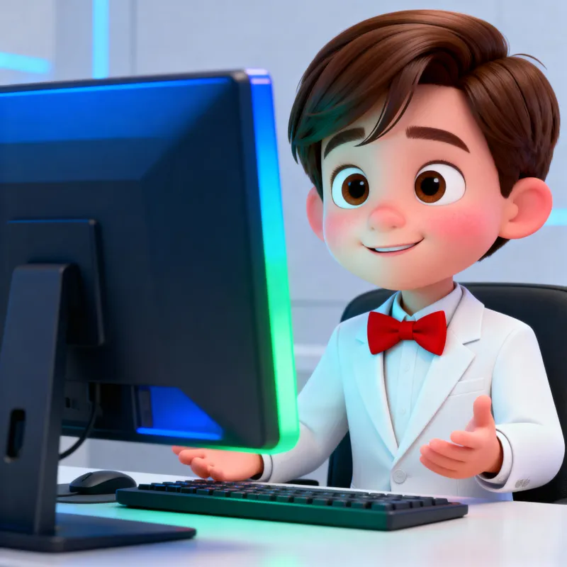 Charming 6-Year-Old Pixar-Style Boy at Computer