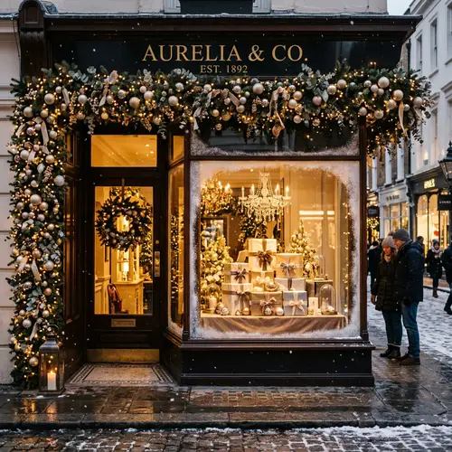 Luxurious Christmas Storefront with Elegant Gift Displays