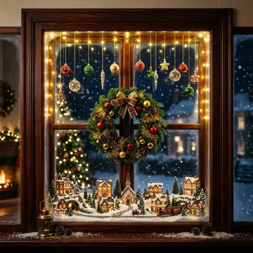 Christmas Window Decor: Snowy Cityscape & Glass Ornaments