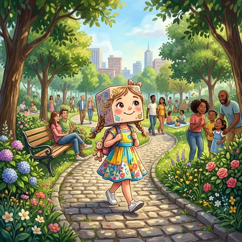 Young Girl with Cube-Shaped Head Enjoying City Park