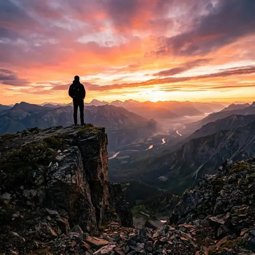 Solitary Figure on Cliff at Sunrise - Awe-Inspiring Landscape View