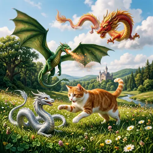 Playful Cat Engaging with Exotic Dragons