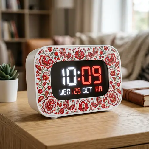 Modern Minimalist Table Clock with Russian Embroidery